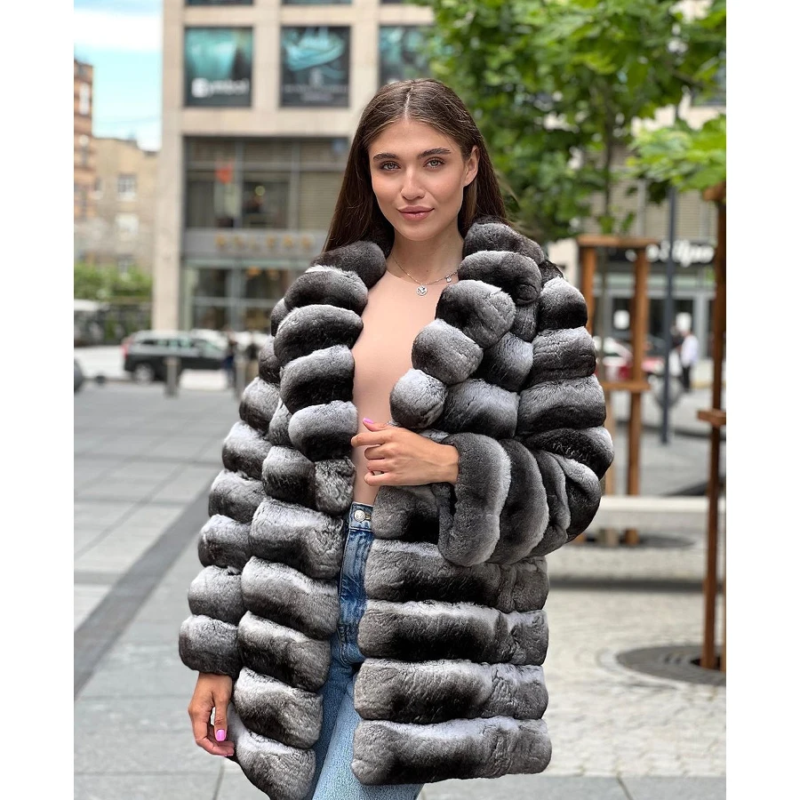 

Womens Real Rex Rabbit Fur Vest Chinchilla Colour Luxury Short Natural Rabbit Fur Coats Stand Collar 2023
