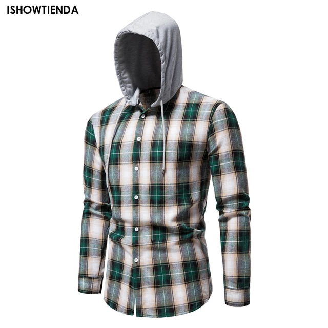 Autumn Men Plaid Shirt Hooded Long Sleeve Loose Casual Hoodie Top