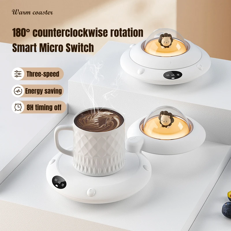 Thermostat Mug Heater Coffee Cup Warmer Milk Tea Water Heating Pad 3 Speed Setting 180&deg; Rotaty Warming Coaster with LED Light
