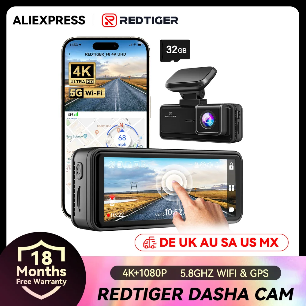 REDTIGER F8 4K+1080P 5.8G WiFi Dash Cam Front and Rear GPS Dash Camera for Cars Front Night Vision Car DVR Car Camera