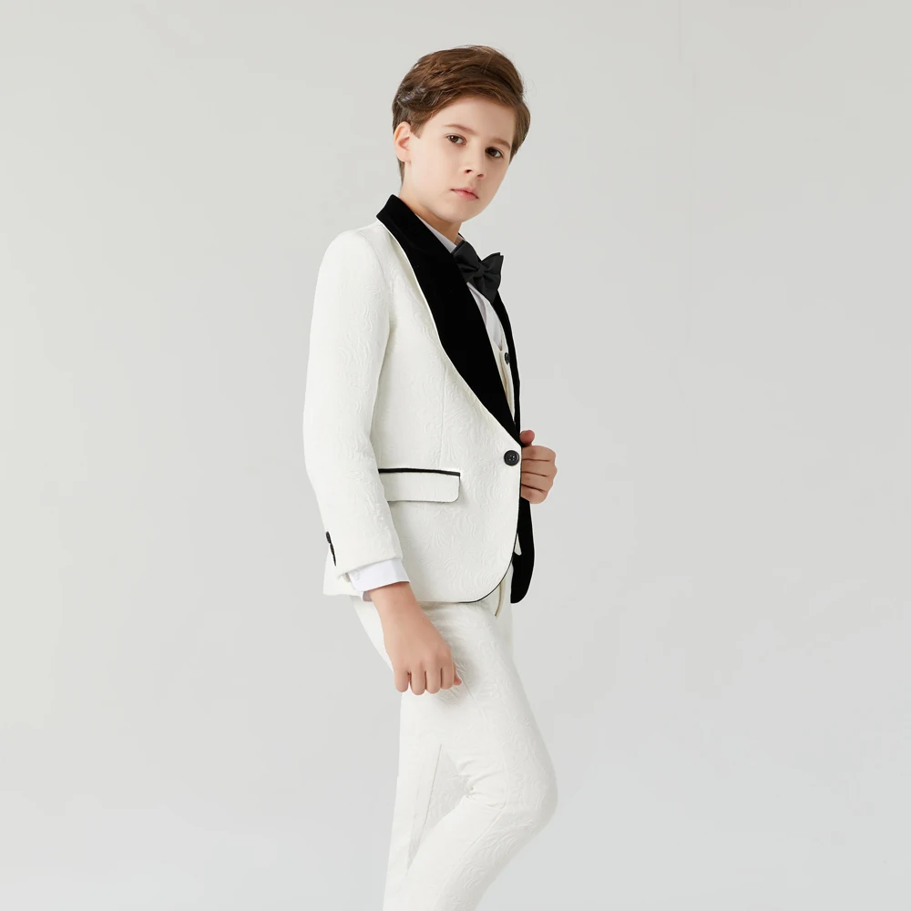 Terno formal masculino para meninos, smoking jacquard branco, terno floral, smoking de casamento infantil, jaqueta, colete, fantasia de menino