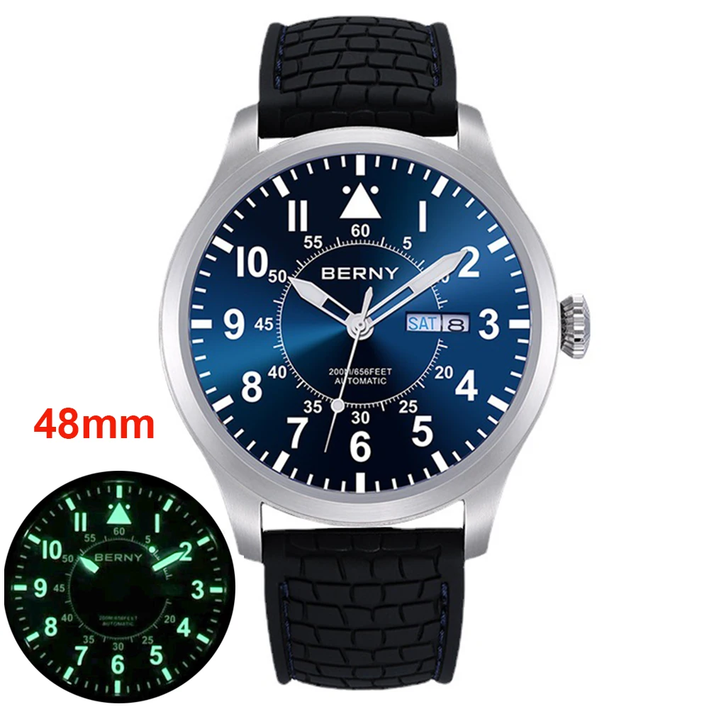 

48mm Berny Automatic Watch for Men Military Sports 200M Diver Mechanical Wristwatches Pilot Luminous Sapphire Clocks Homage