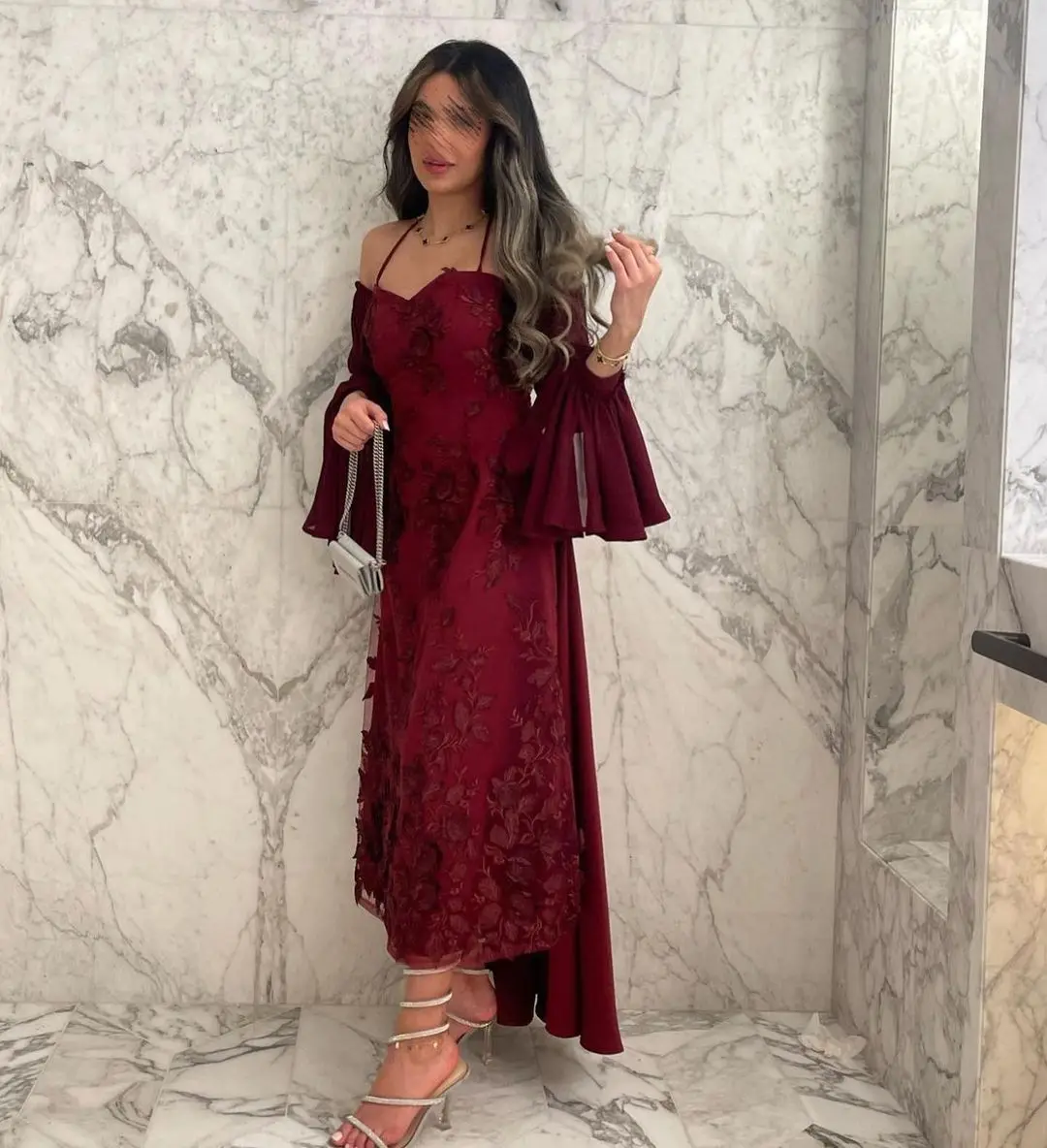 

Fashionvane Burgundy Lace Ankle Length Prom Dresses Halter Sweetheart Long Sleeves Saudi Arabia Evening Party Gowns Overskirts