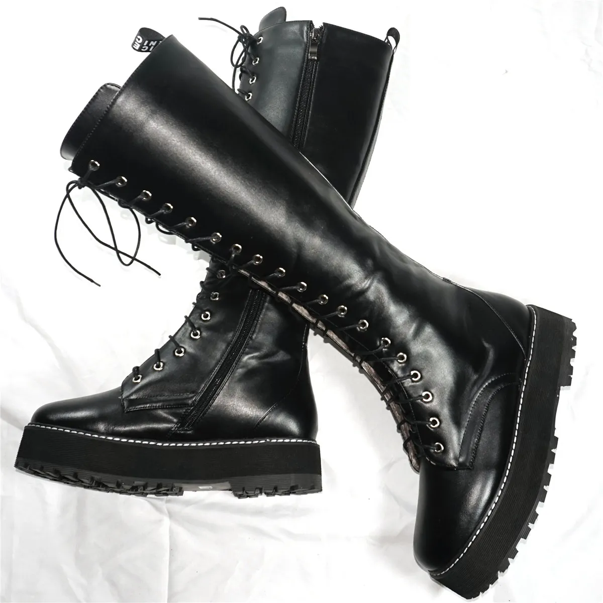 

Black Punk Creepers Women Lace Up Straps Knee High Ridding Boots Female Winter Warm Round Toe Platform Pumps Shoes Casual Shoes