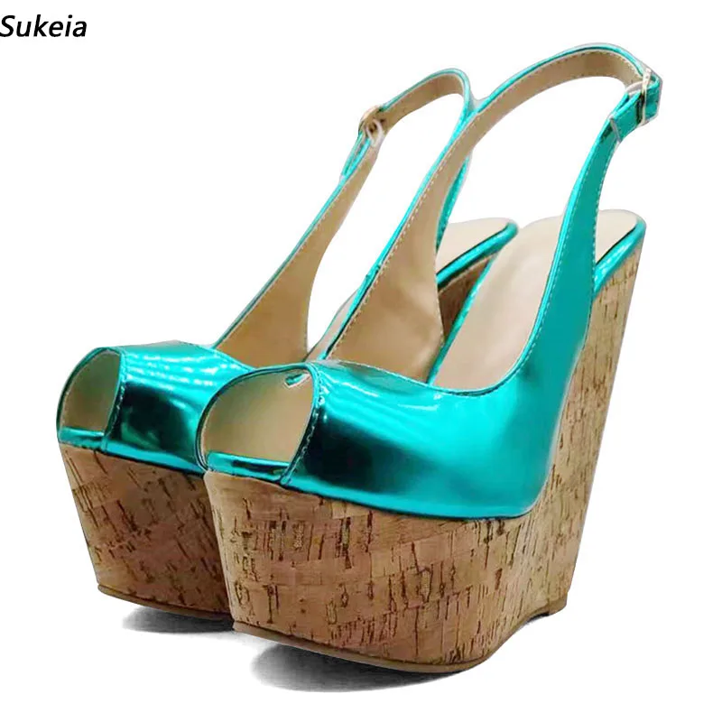 

Новинка, женские сандалии на платформе Sukeia, блестящие туфли на танкетке, с открытым носком, Великолепная модель, цвет голубой, женская обувь, модель 5-20