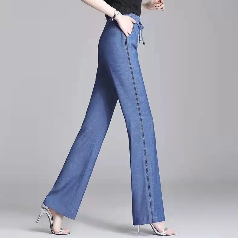Ice Silk Solid Color Pockets Denim Wide Leg Pants for Women Summer Drawstring High Waist Drape Loose Straight Cropped Trousers