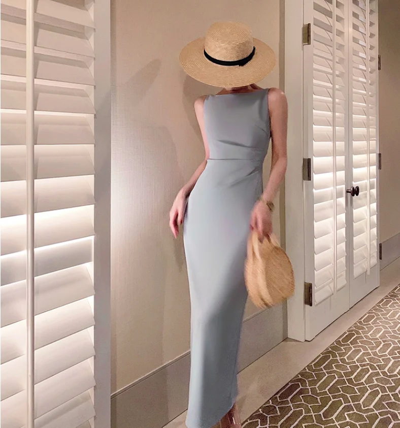 French Vintage Ruffled Shoulder Strap Slim Fit Slimming Slit Sling Dress