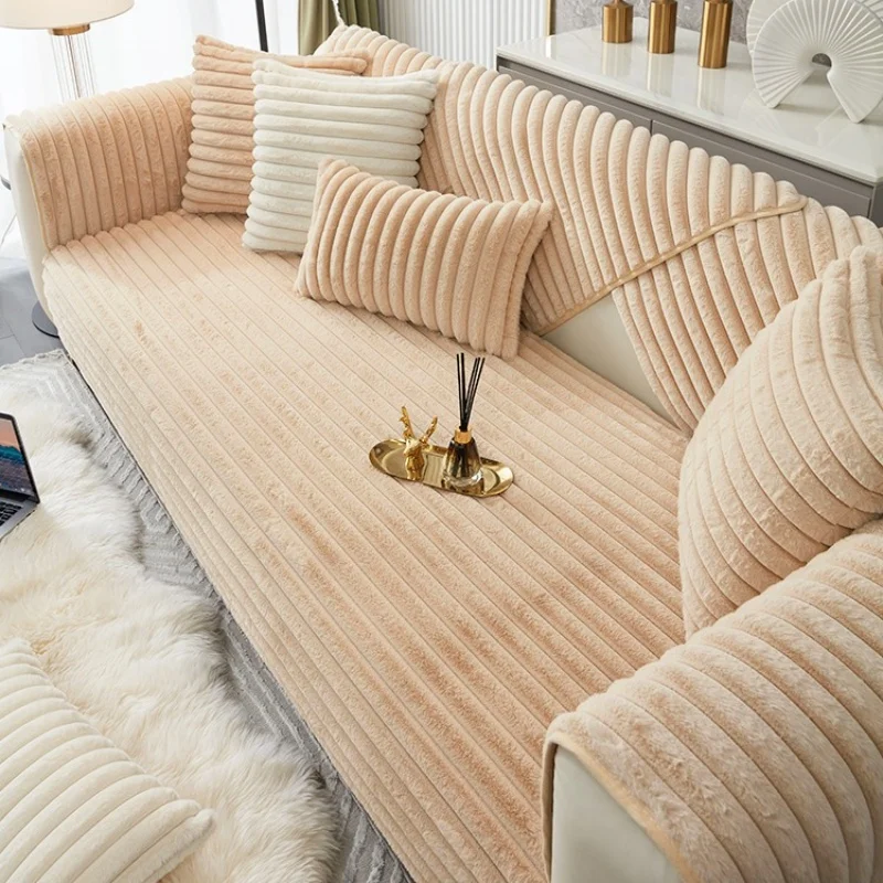 Thicken Plush Stripe Sofa Cover Image 7