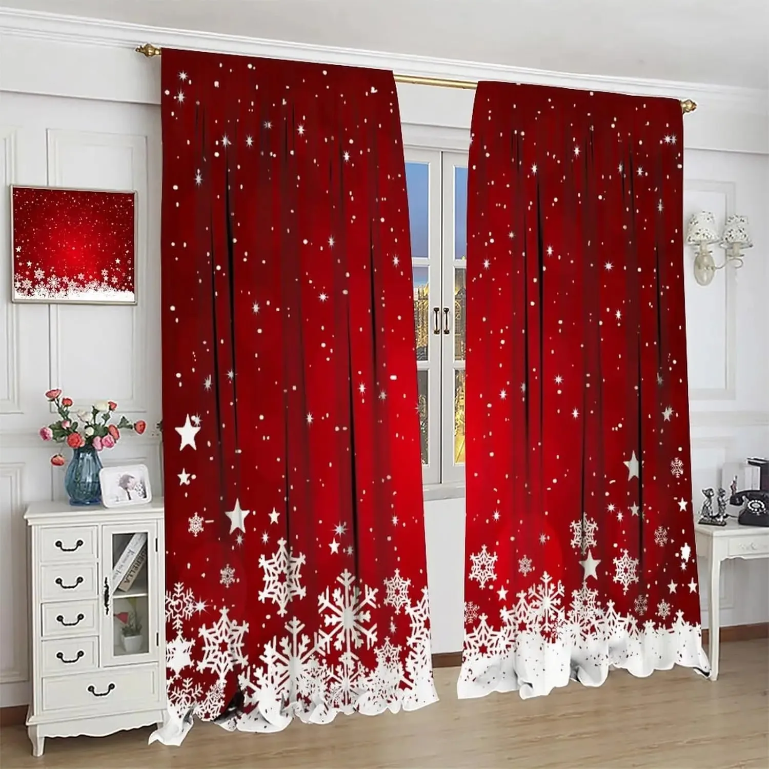2 Rideaux à Impression Numérique, Fond Rouge avec Flocons de Neige et Étoiles Blanches, Style Minimaliste Hiver Noël, pour Décoration de Fenêtre et de Maison 1