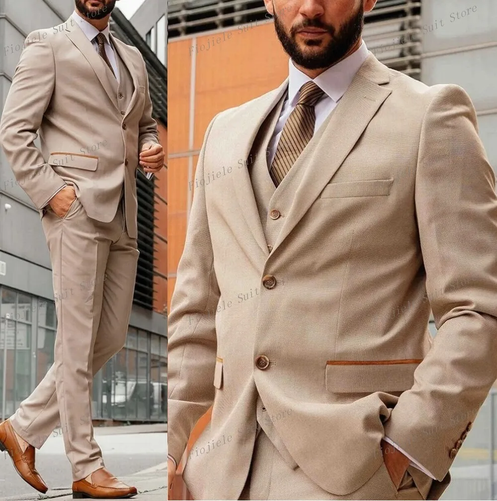 

New Male Khaki Men Suit Business Prom Groom Groomsman Wedding Party 3 Piece Set Formal Occasions Tuxedo Jacket Vest Pants