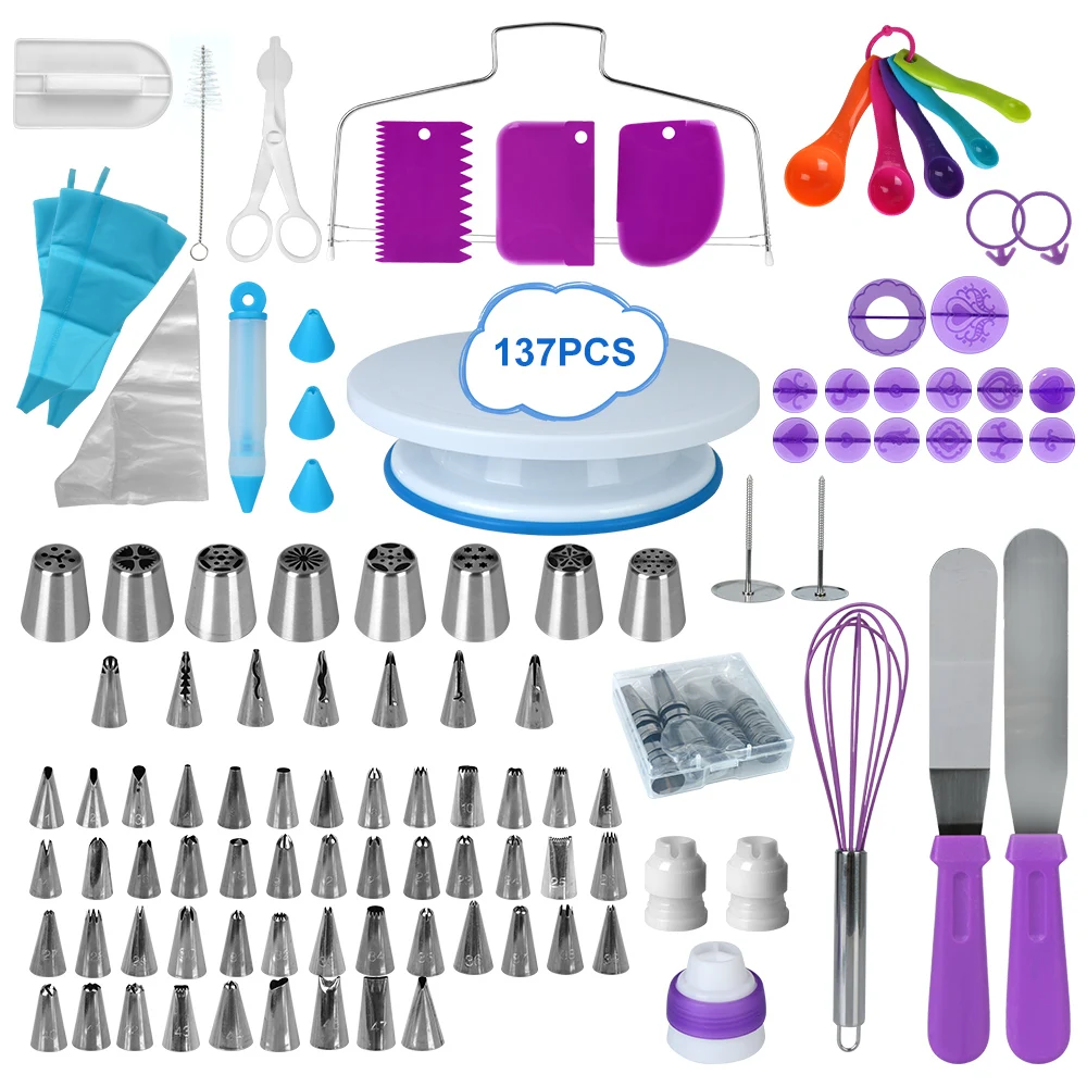 

Pastry Turntable Kit 137Pcs Piping Bag Set Cake Decorating Tools Kit Piping Nozzle Rotating Stand Baking Tools Accessories