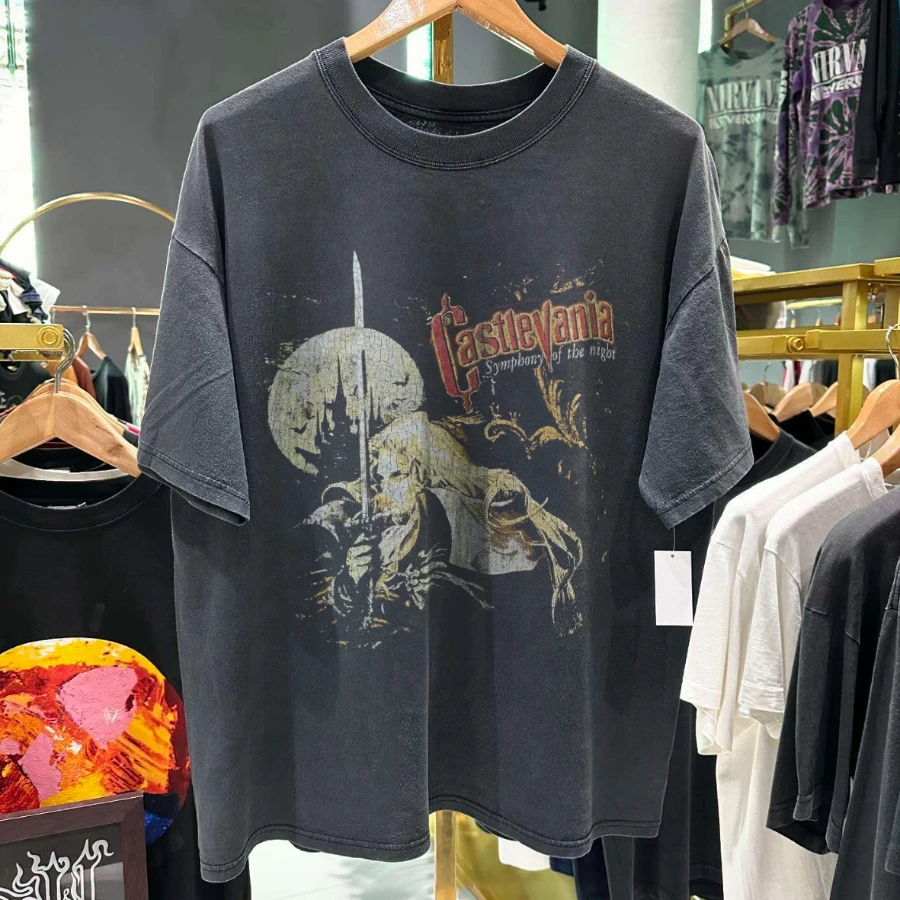 1997 Castlevania 'Sotn' Seltenes Schwarz Gewaschenes T-Shirt im Y2K-Stil mit Underground-Print, Lockerer Schnitt, Retro-Grunge