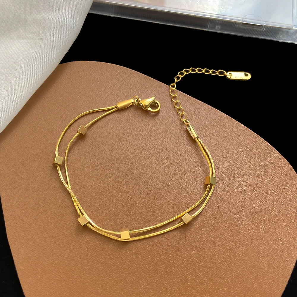 

New Fashion Hip Hop Trend Stainless Steel Gold Plated Small Square Double Snake Bone Bracelet For Women Jewelry Set Gift