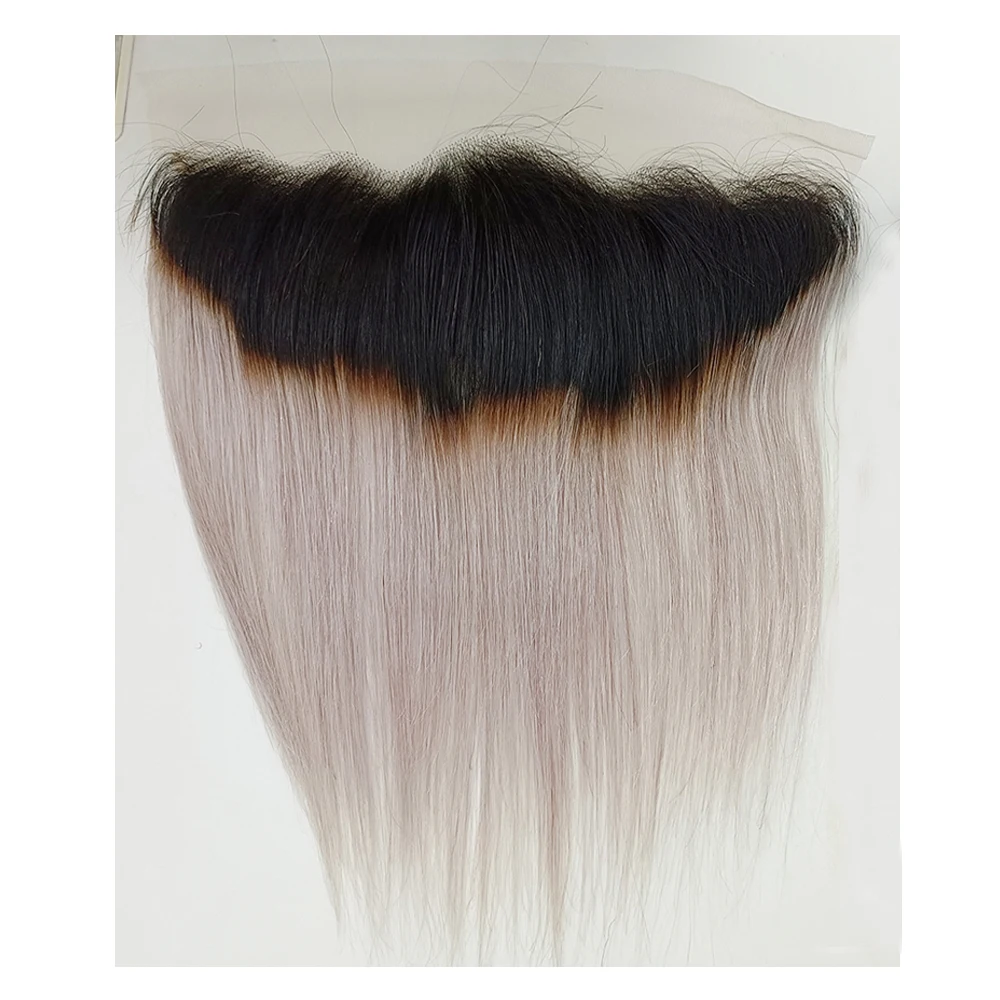 Ombre Grey Blonde 13x4 Lace Frontal Closure Straight 100% Human Hair Pre-Plucked Transparent Lace Free Part Remy Hair BOBBI