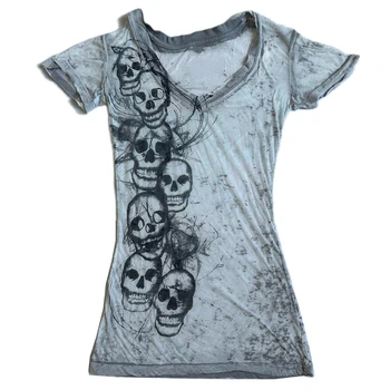 Graphic Tie Dye V Neck Crop Tops Y2K E-girl Gothic Grunge Skull Print Tshirt 2000s Retro Emo Short Sleeve Slim Fit Tees Clothes 1