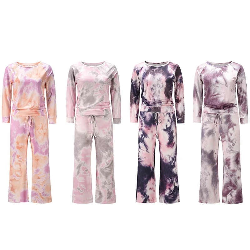 

Пижамный комплект N7YE женский из 2 предметов, Топ с длинным рукавом и круглым вырезом, штаны с широкими штанинами на завязках, одежда для сна свободного покроя