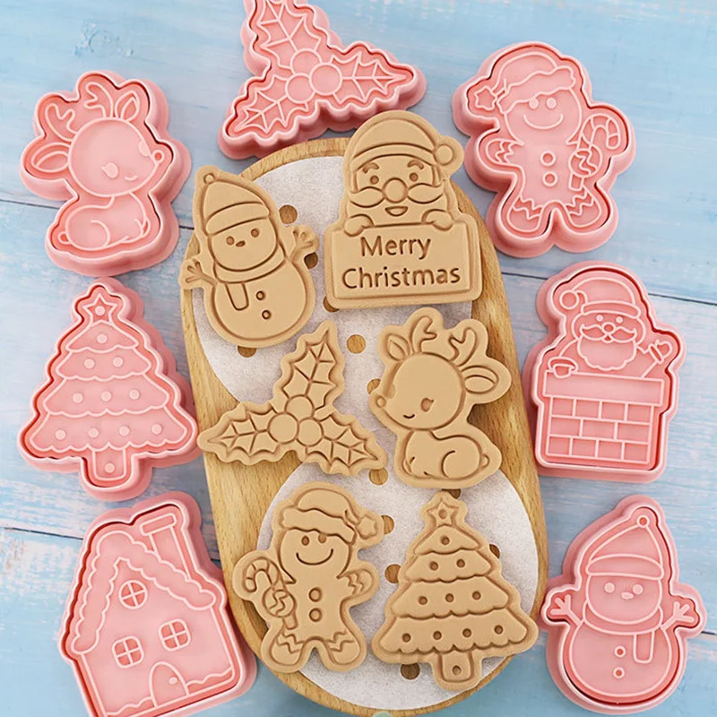 8Pcs 3D Christmas Cookie Cutters Biscuit Mold Santa Snowman Tree Elk Cookie Mould Stamp Xmas New Year Party Decor Baking Tools cookie cutter baking mold cookie mould baking decorating tools