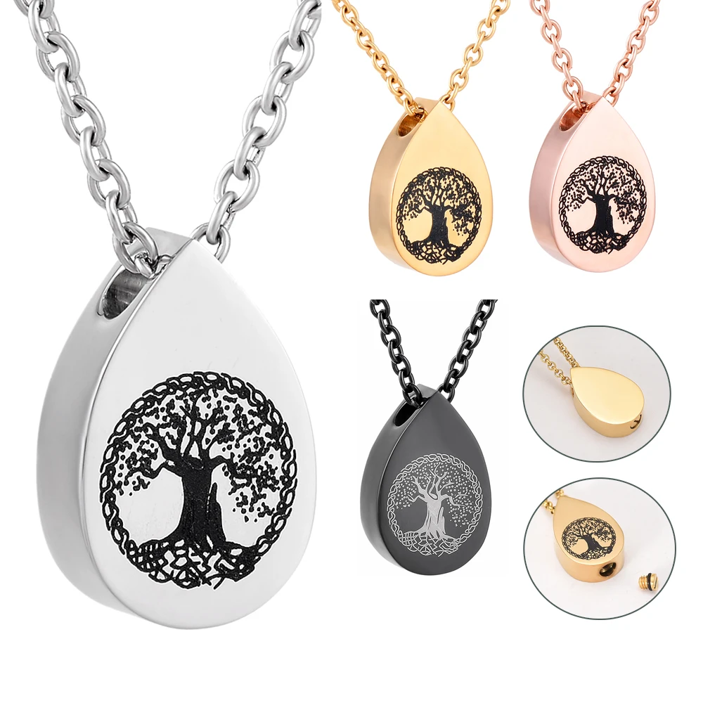 

Teardrop Cremation Urn Necklace Customize Stainless Steel Tree Of Life Pendant For Ashes Holder Memorial Jewelry