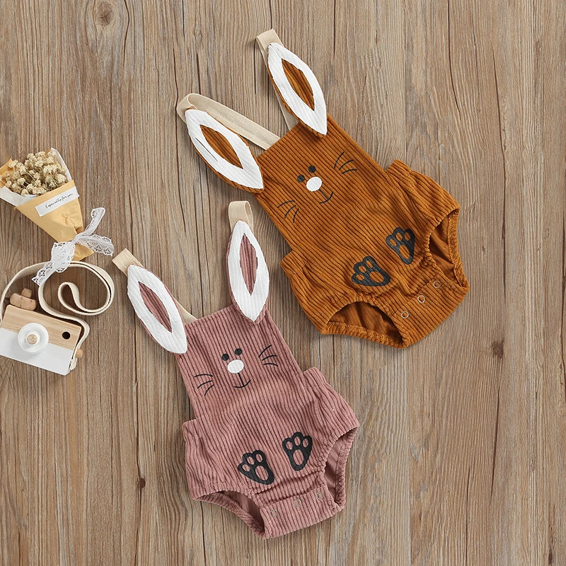 

0-12M Newborn Baby Romper Sleeveless Cartoon Rabbit Button Closure Corduroy Jumpsuit for Baby Girls Boys