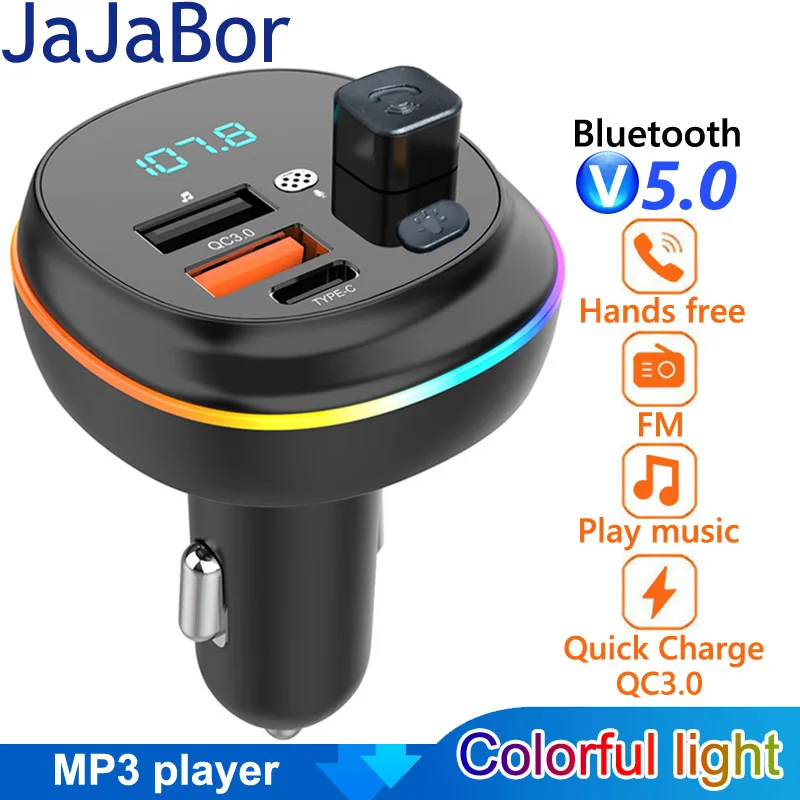 

JaJaBor FM Transmitter Type C QC3.0 Dual USB 3.1A Fast Charging TF Card U Disk Car MP3 Music Player Bluetooth Handsfree Car Kit