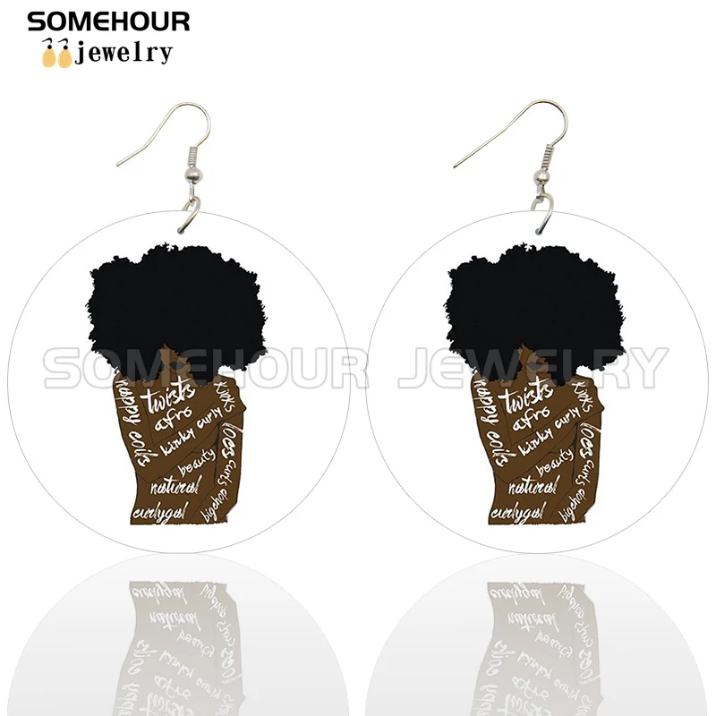 Somehour Black Power Woman Wooden Drop Earrings Afro Curly Girl Magic Blessed Strong Sayings Print Inspired Loops Pendant Dangle