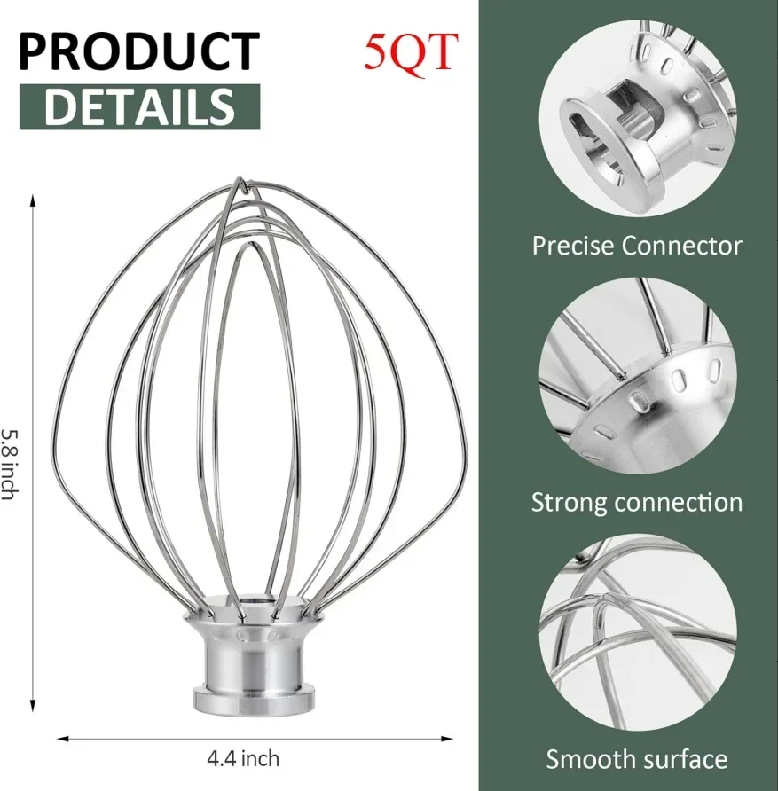 For Kitchenaid 5 Quart Mixer Auxiliary Parts Accessories Stand Mixer Stainless Steel Wire Beater Whisk