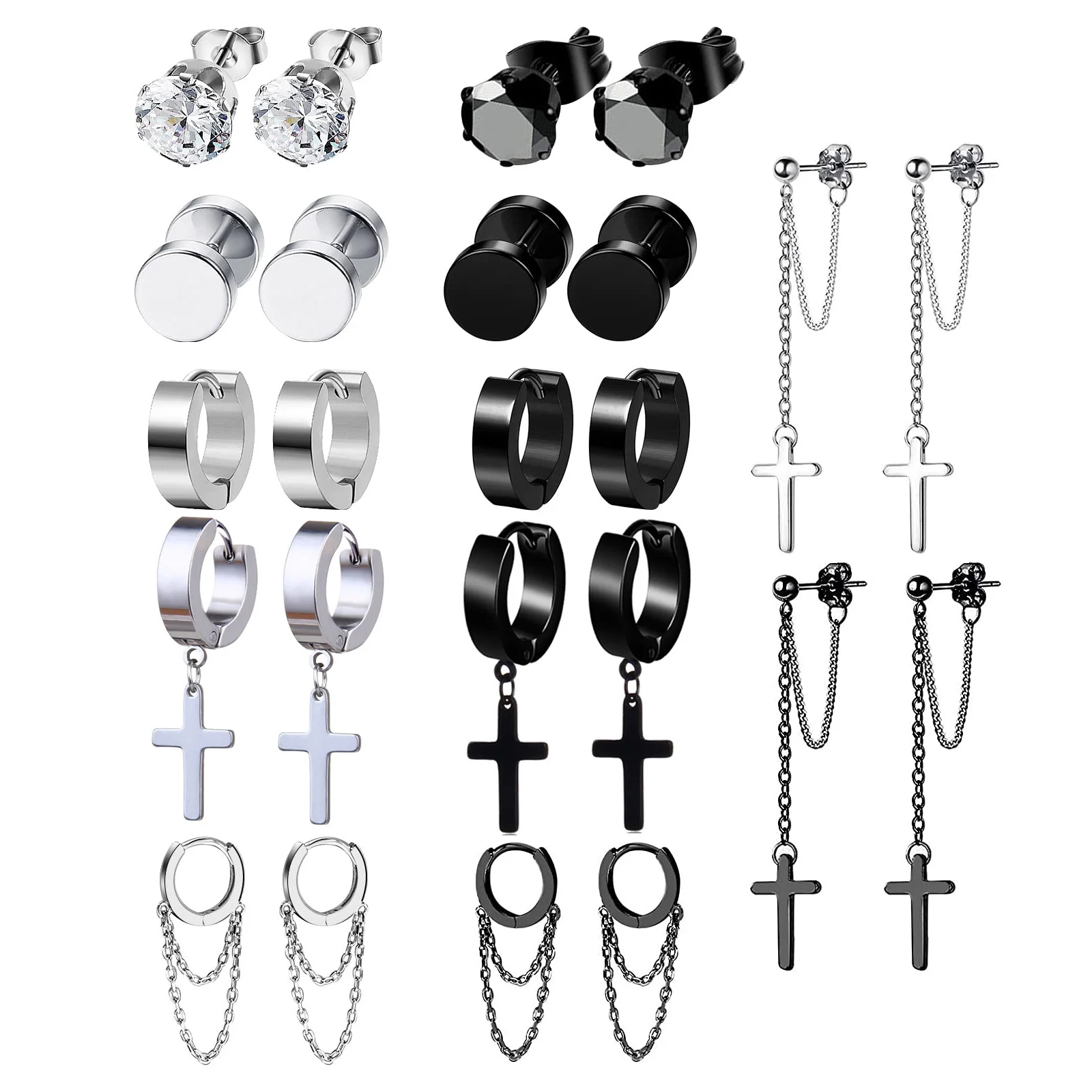 12 Pairs Chain Hoop Earrings Cross Drop Earrings Stainless Steel Hinged Pendant Eboy Earrings