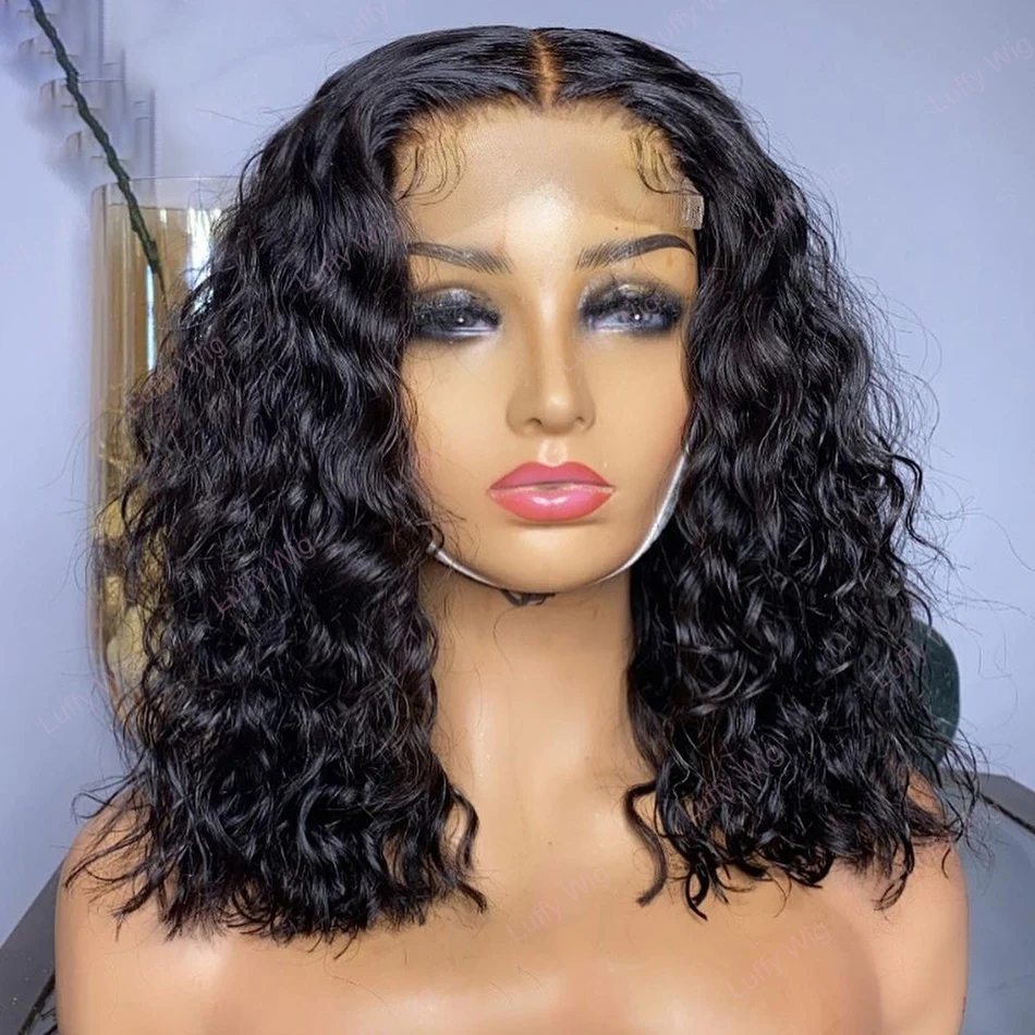 

Natural Black Soft Bob Glueless 180Density 16“ Kinky curly Lace Front Wig For Women BabyHair Preplucked Heat Resistant Daily