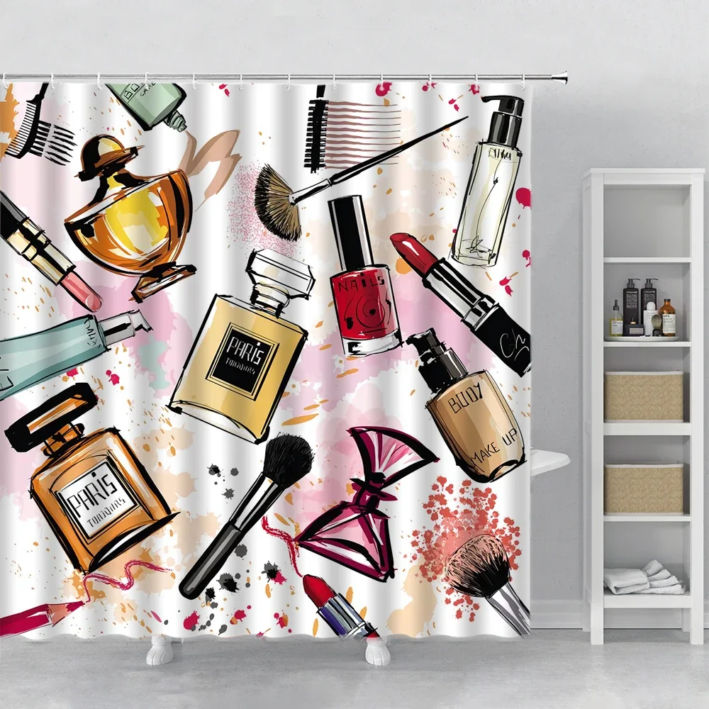 

Girly Makeup Theme Pattern Perfume Lipstick Nail Polish Brush Modern City Ladies Bathroom Curtains Set Decor Polyester With Hook