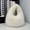 Fashion Soft Plush Half Moon Bags For Women Designer Fluffy Faux Fur Lady Handbags Luxury Small Tote Female Winter Purses