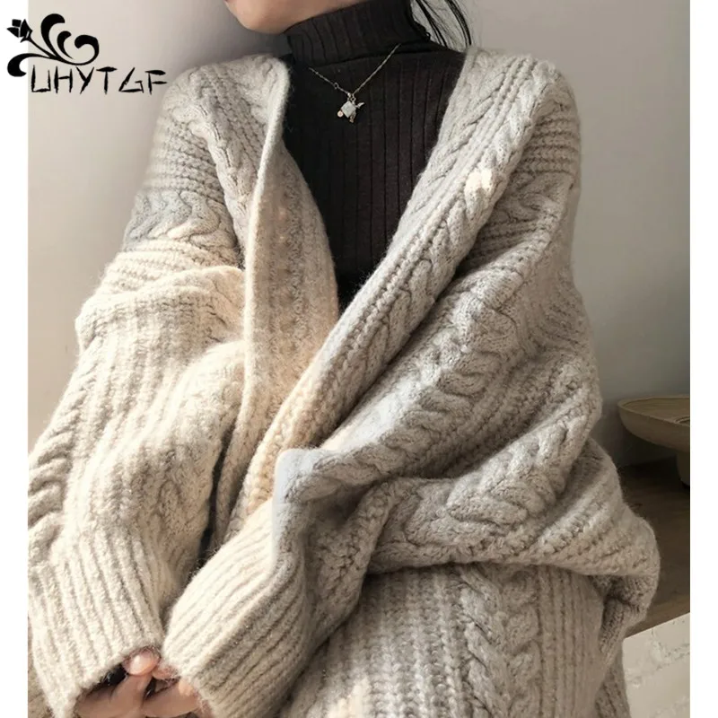 

UHYTGF 2023 New Women's Sweater Autumn Winter Outerwear Fashionable Bat Sleeve Oversized Cardigans Wild Knitwear Sweater Tops 23