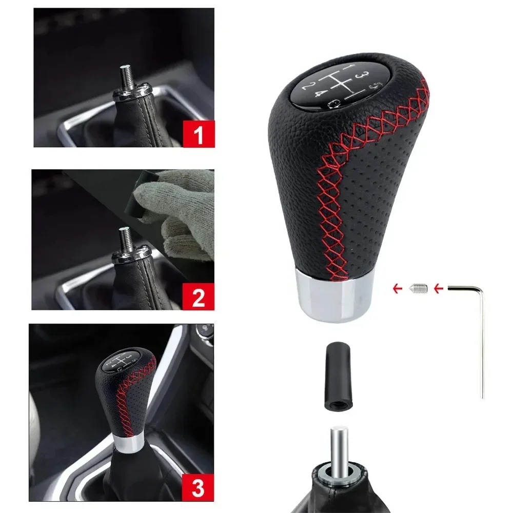 Universal 5-Speed Manual Gear Shift Knob with Red Stitch Leather Car Gear Stick Lever for Manual Transmission - M8 M10 M11 M12