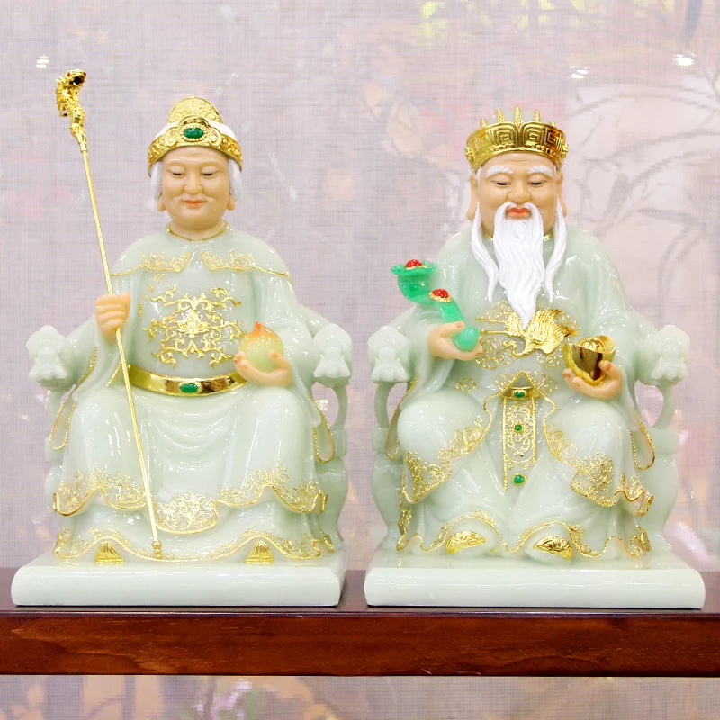 

A pair Asia Company home shop thriving business Money Good luck TU DI GONG PO God of wealth jade buddha Sculpture statue