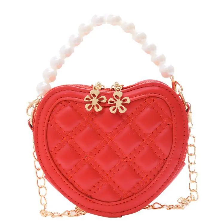 New Small Heart Coin Wallet Pouch Baby Girls Party Pearl Hand Bags Kids Purses Chic Crossbody Bag Ladies Chain Shoulder Bags