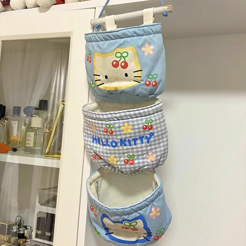 Sanrio Hello Kitty Door Storage Hanging Bag Wall Fabric Hanging Hairpin Sundries Storage Rack Layered Jewelry Organizer Box Cute 6