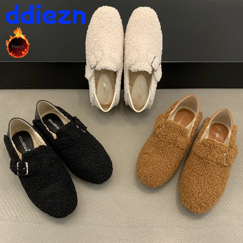 

Fashion Furry Footwear Flats With Shoes For Woman Female Outdoor Buckle Warm Autumn Winter New In Ladies Fur Plush Shoes
