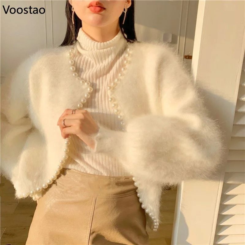 

Autumn Women Elegant Pearls Beaded Mink Cashmere Knitted Cardigan Tops Knitwear Jacket Female Sweet Wool Mohair Sweater Coat