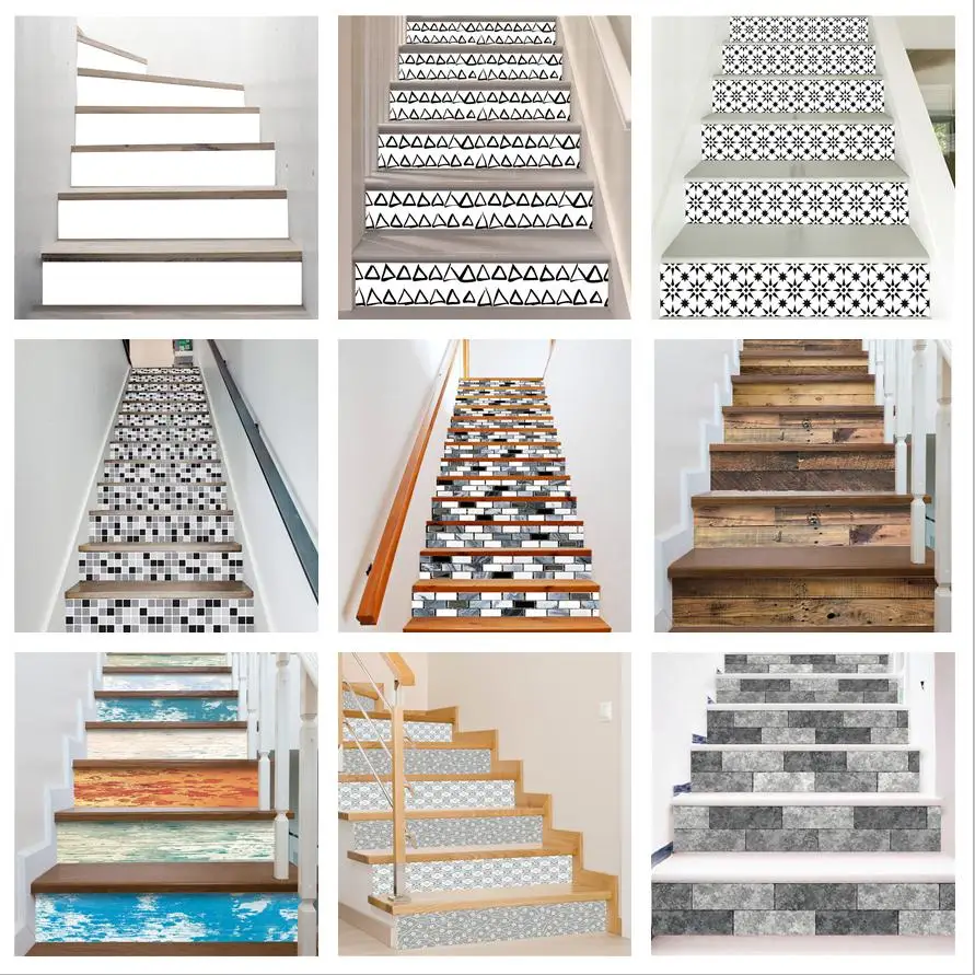 6 pcs/13pcs White Pattern Art Stairs Cover Stickers Peel & Stick Vinyl Staircase Mural Stair Riser Floor Sticker Wall Decal Home