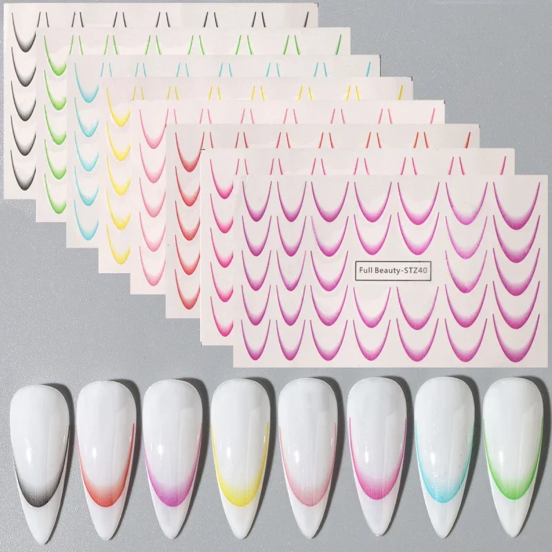 8pcs Nail Stickers French Nail Art Ink Blooming Wave Line Water Transfer Ombre Manicure Decorations Foils