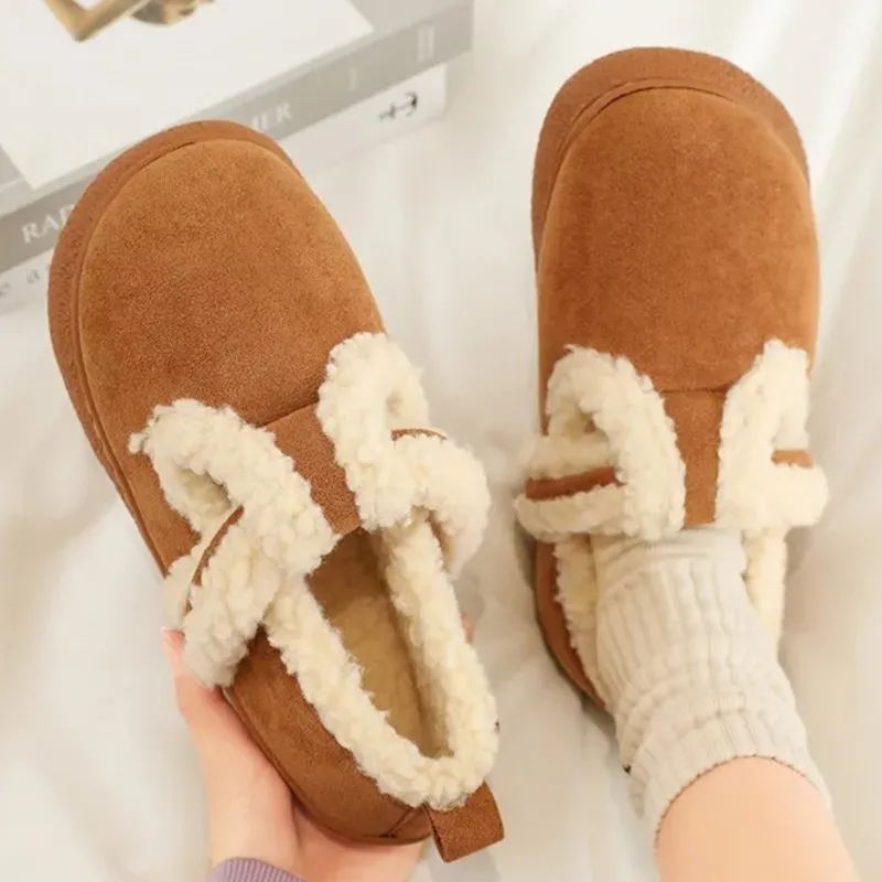 

2023 Winter Women Plush Slipper Moccasin Cotton Shoes Women Girls Suede Leather Bread Warm Cotton Shoes At Home Loafer Flats