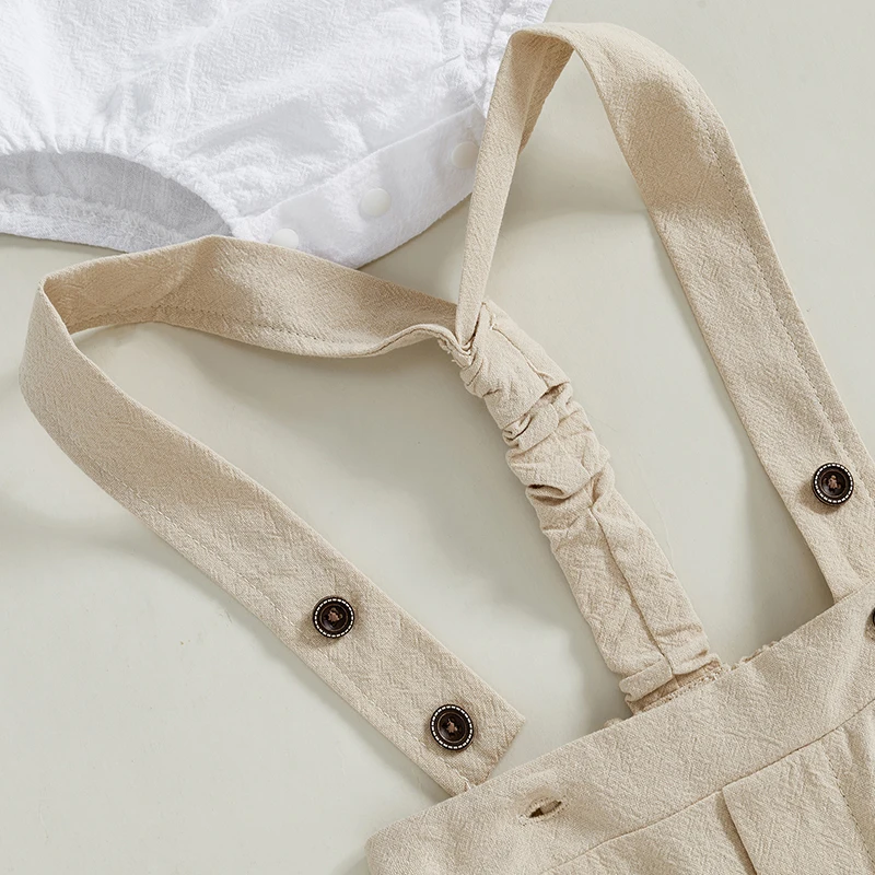 Baby Boy Gentleman Outfit Autumn Lapel Neck Long Sleeve Romper with Bowtie Elastic Waist Suspender Pants for Wedding Stage