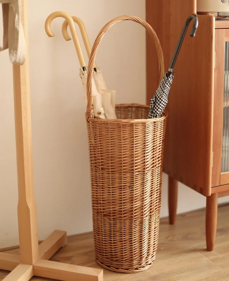 Creative Rattan Umbrella Storage Basket With Handle Japanese Style Home Decor Wicker Weaving Storage Basket Sundries Organizer