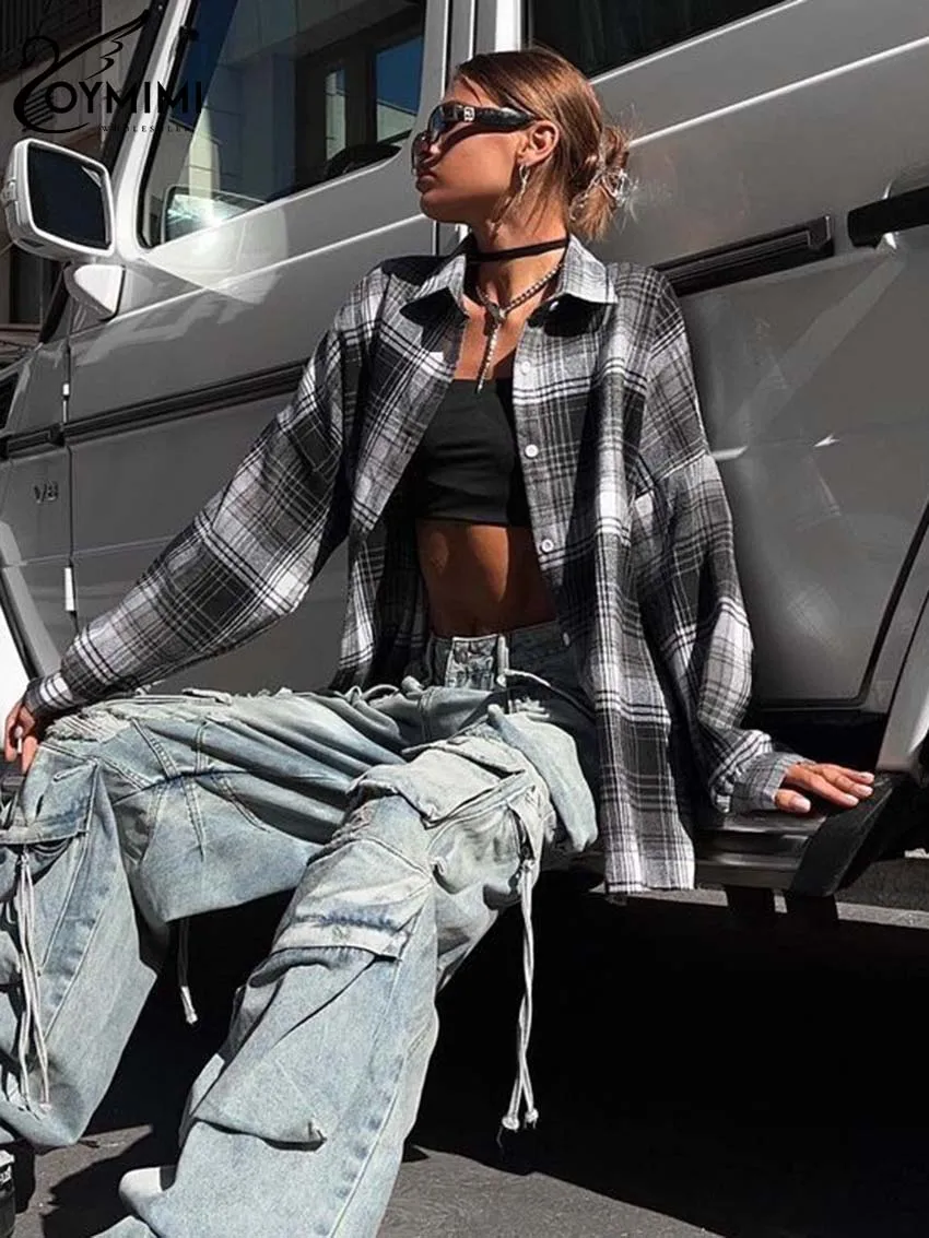 

Oymimi Fashion Grey Plaid Print Women's Shirt Elegant Turn-Down Collar Long Sleeve Shirts Casual Lapel Button Blouse Streetwear