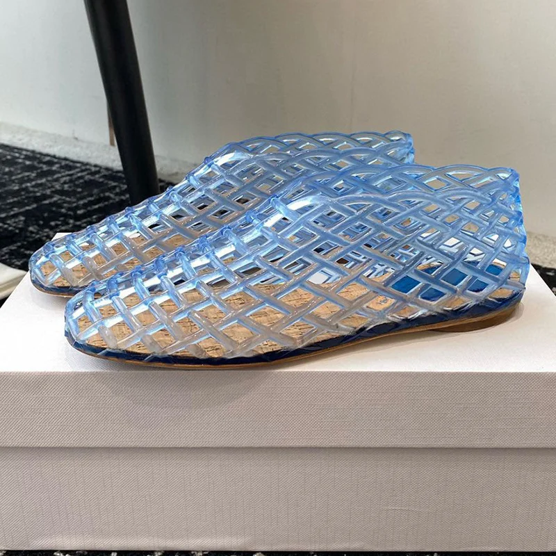 Summer Fashion Plastic Jellies Single Shoes Women Woven Mesh Ballet Flats Sandals Round Toe Transparent Hollow Design Beach Shoe