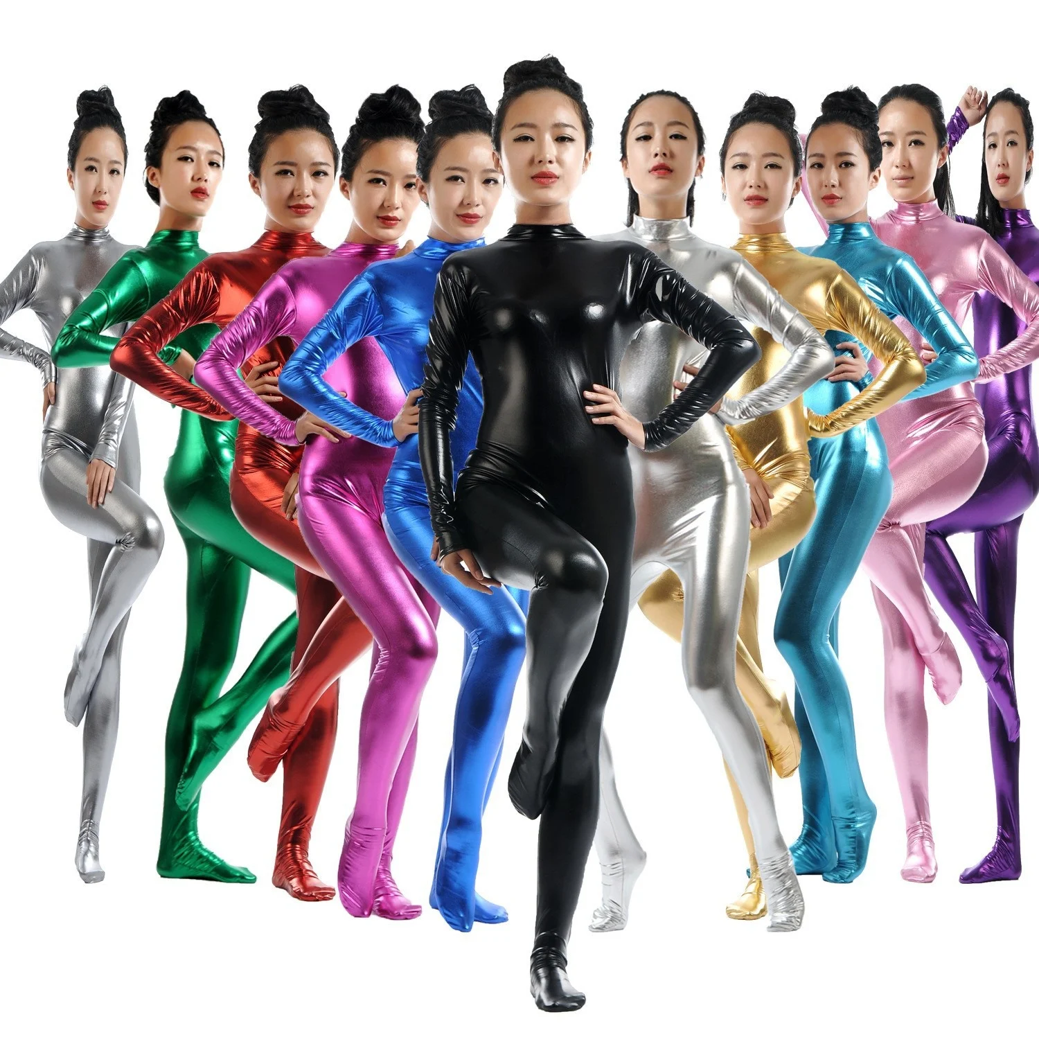 

Girls Shiny Metallic Mock Neck Long Sleeve Zipper Back One Piece Bodysuit pole dancing Costume