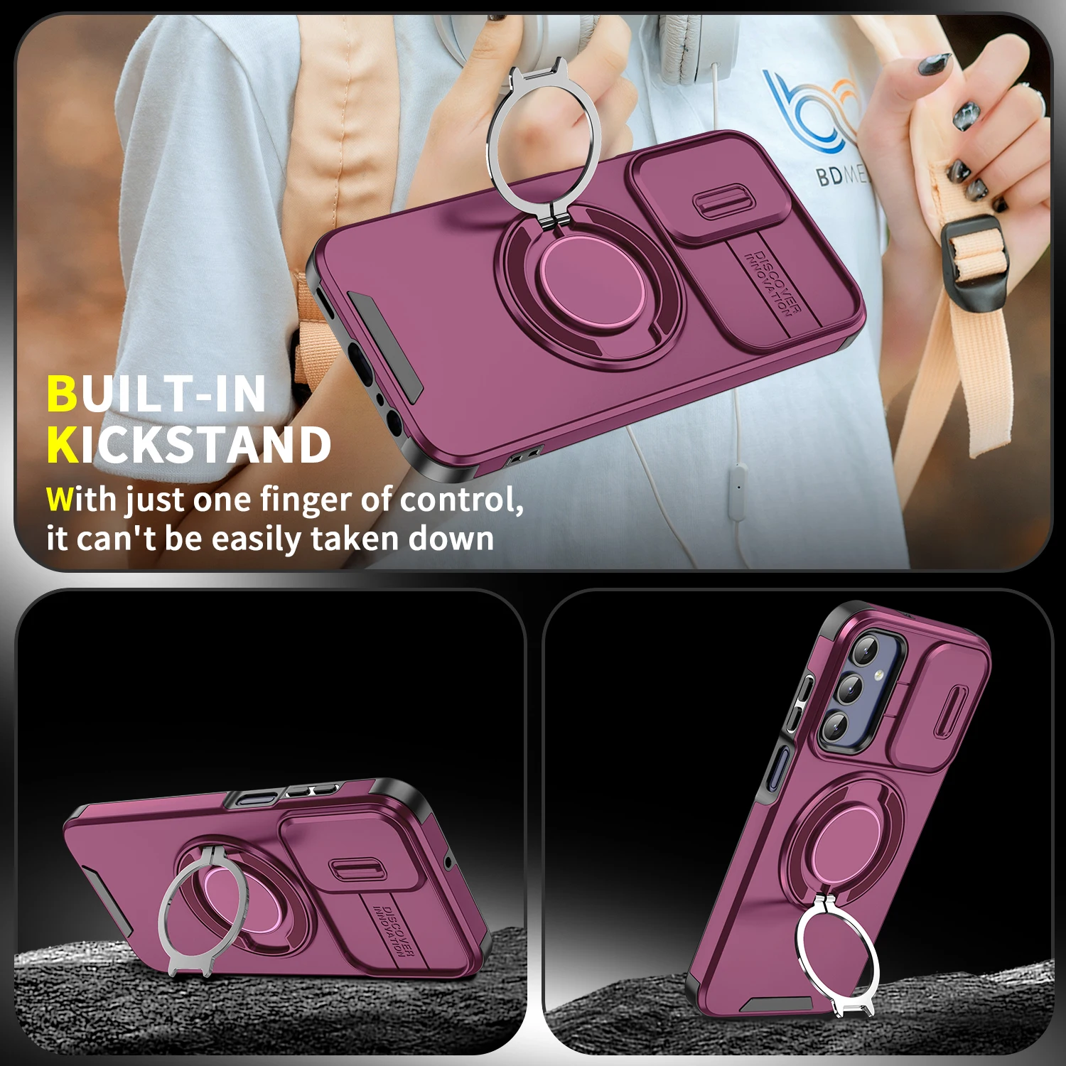 Enhanced Armor Case with Ring Holder and Slide Camera Protector Cover