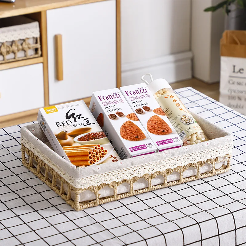 Hand-woven Imitation Rattan Basket Rectangular Storage Box Fruit Tea Snack Bread Basket Cosmetic House Kitchen Supplies Basket