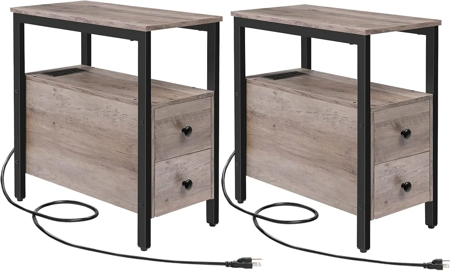 Set of 2 End Tables with Charging Station, Narrow Side Table with Drawers & USB Ports & Power Outlets, Nightstand for