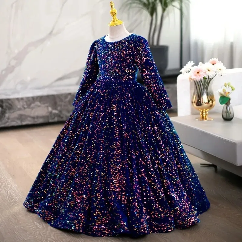 Shining Flower Girl Dresses for Wedding Sequins Full Length Floor Length Girl Kids Birthday Party First Holy Communion Gown