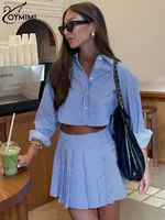 Oymimi Elegant Blue Striped Print Sets For Women 2 Pieces Fashion Long Sleeve Button Crop Tops And High Waist Pleated Skirts Set